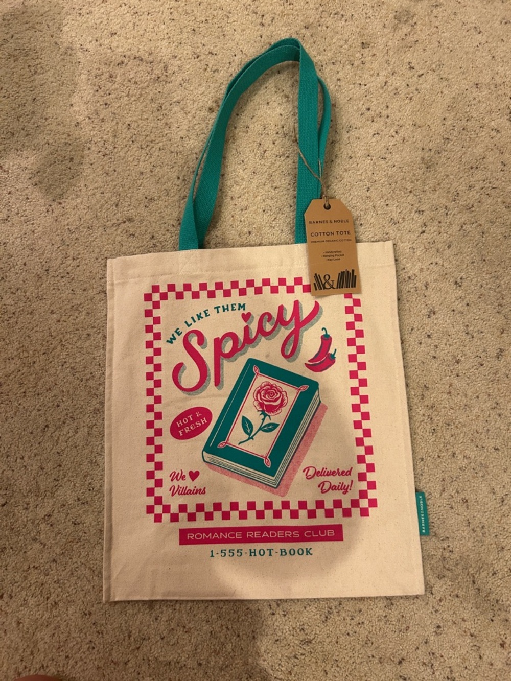 Barnes & Noble Cream Cotton Tote with Teal Handles and Pink Graphic